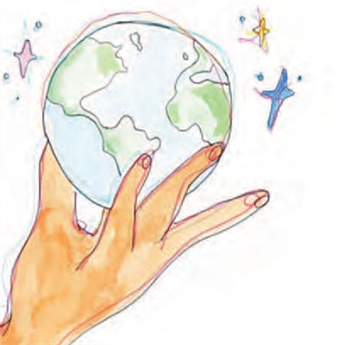 Colourful cartoon depicting a hand holding the Earth aloft