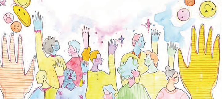 Colourful cartoon drawing depicting a group of colourful people with raised hands surrounded by a number of bubble-like emoticons with a range of expressions
