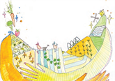 Colourful cartoon drawing representing food and energy, which depicts fields with a variety of crops, animals, wind and solar farms held within a pair of crossed arms