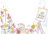 Colourful cartoon drawing representing nature, which depicts a row of flowers interspersed with colourful houses and a hand holding a sign that reads 'no mow May'