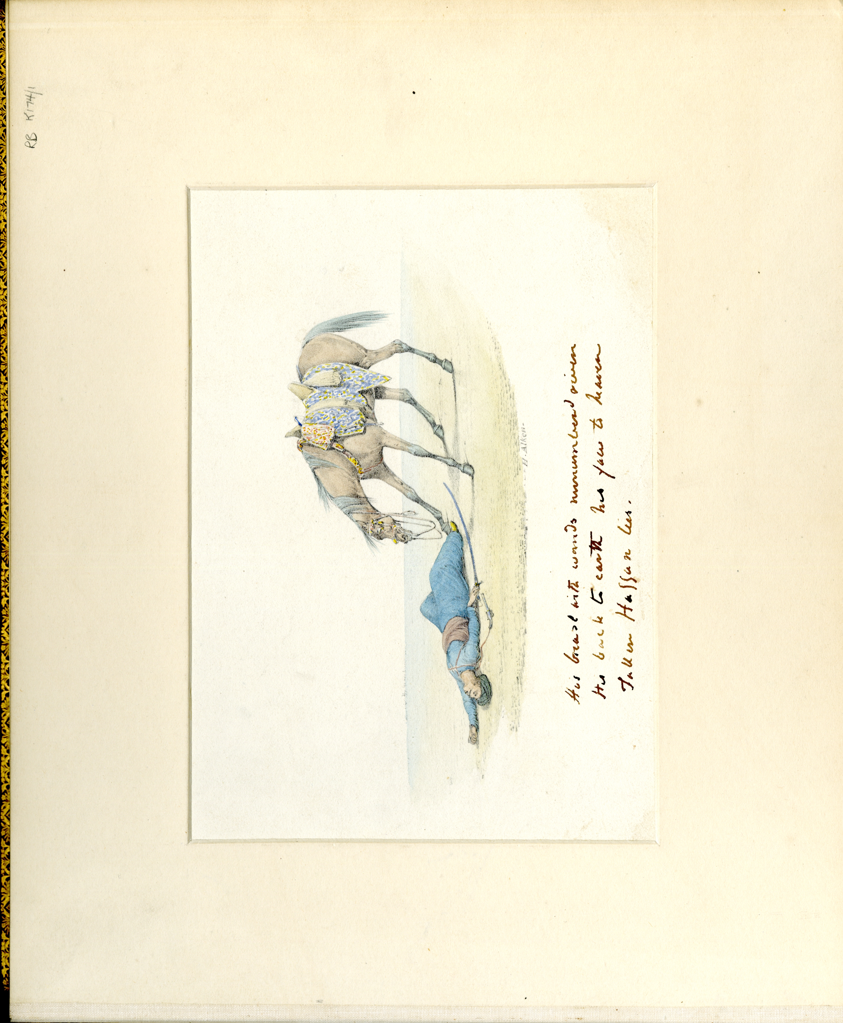 Coloured drawing of a horse and a man lying on the ground