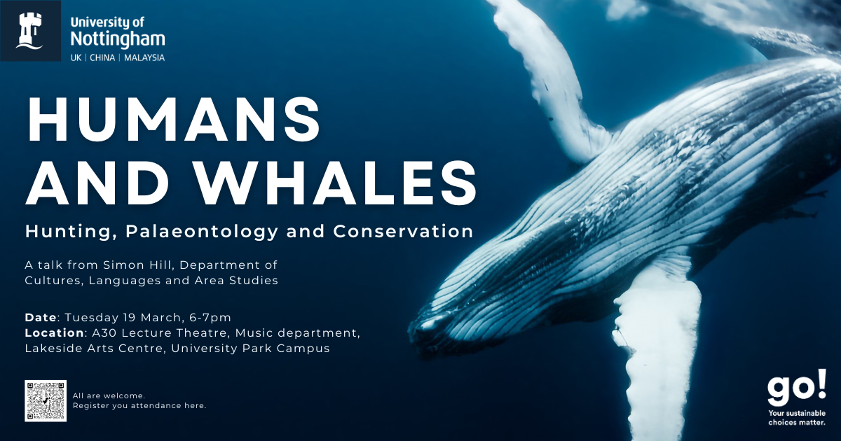 Image of large whale swimming in the dark blue sea. The image heading is Humans and Whales promoting a talk on whaling