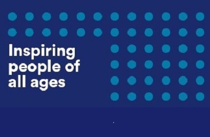 Blue background with dots, text 'inspiring people of all ages'