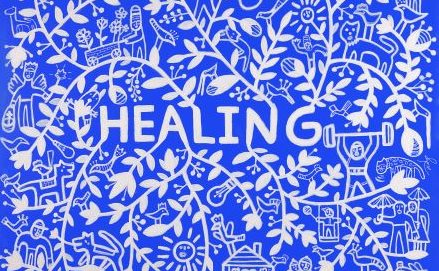 illustrations and the word healing in white on a blue background