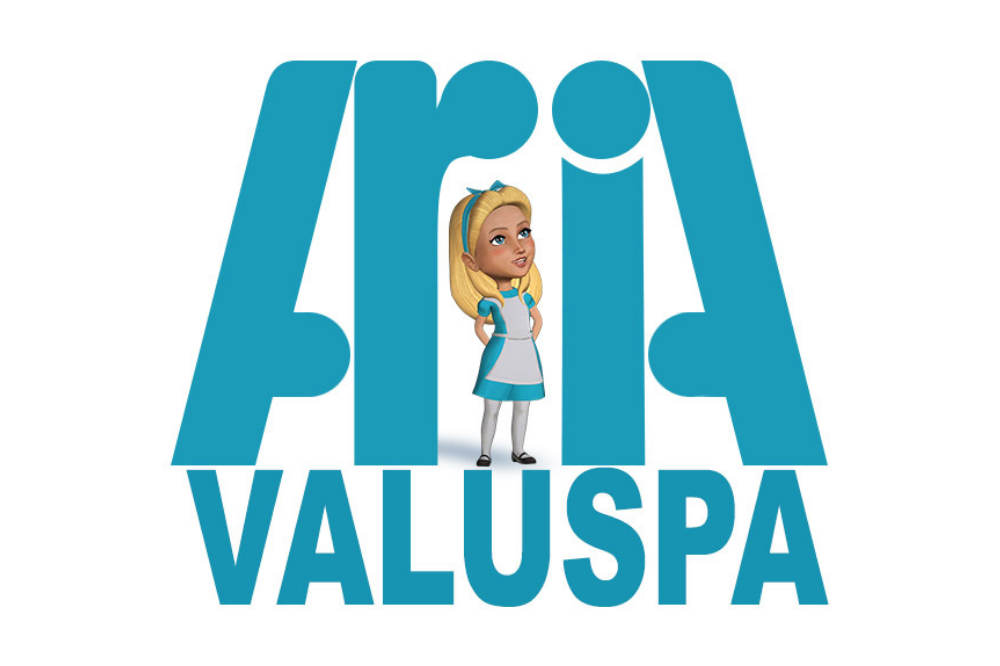 AI blond child in blue dress over text ARI VALUSPA