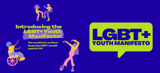 Speech bubble with text "LGBT+ Youth Manifesto" and celebrating figures