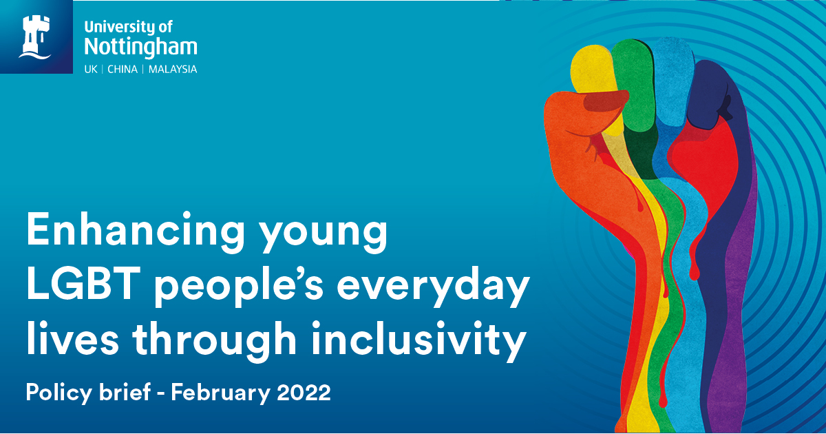 Clenched rainbow fist on blue background with text "Enhancing young LGBT people's everyday lives through inclusivity"