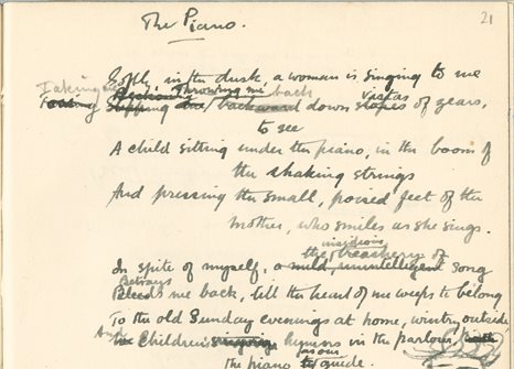 Extract from The Piano by DH Lawrence, which is part of a collection bought by the University of Nottingham.