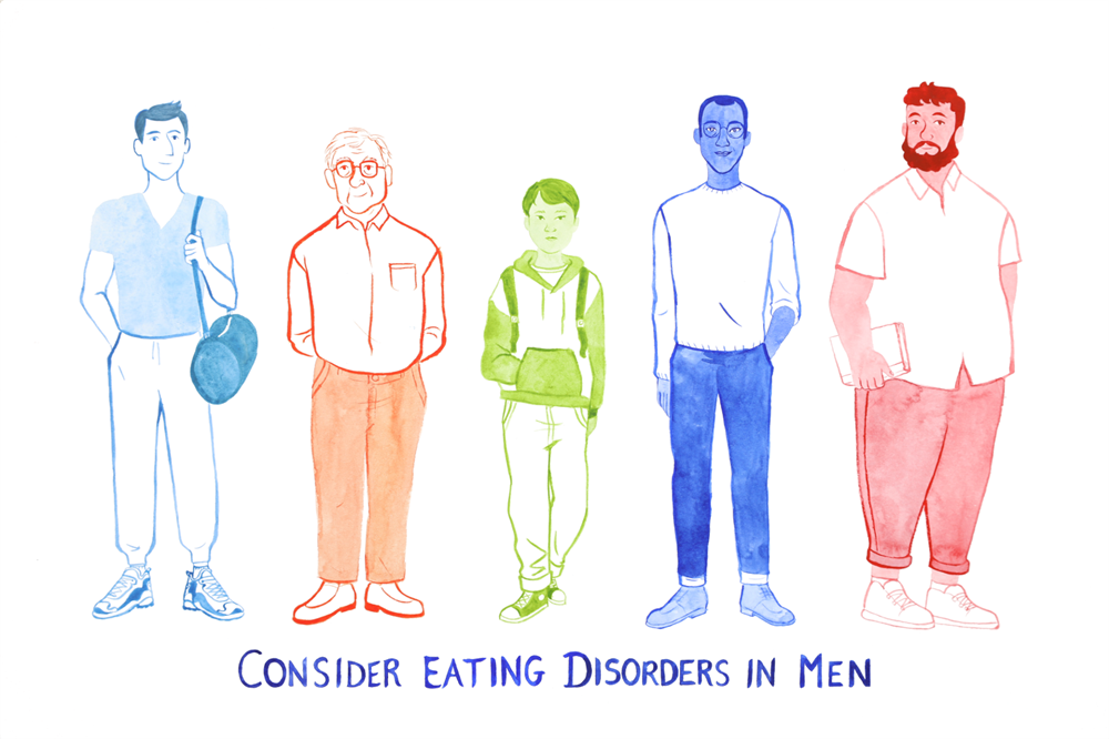Multicoloured line drawing of five men standing in line