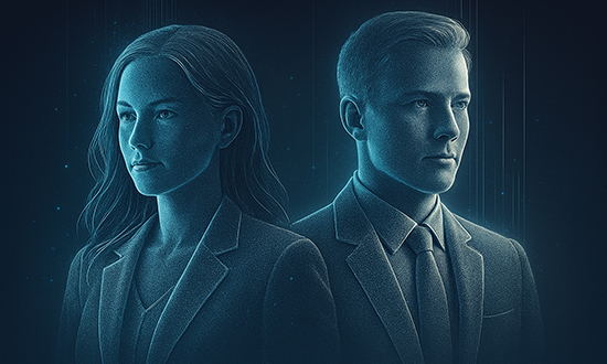 An artwork of two digital appearing people