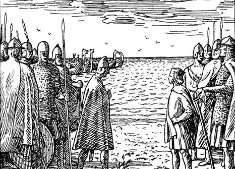 Black and white drawing of two armies in medieval dress facing each other with a beach and sea behind, stretching to the horizon.