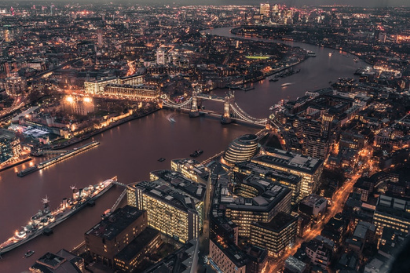 Aerial photograph of London and the river Thames at night