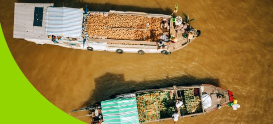 An arial view food supplies being transported by boat