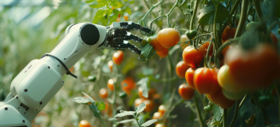 Robotic arm harvesting tomatoes in a greenhouse