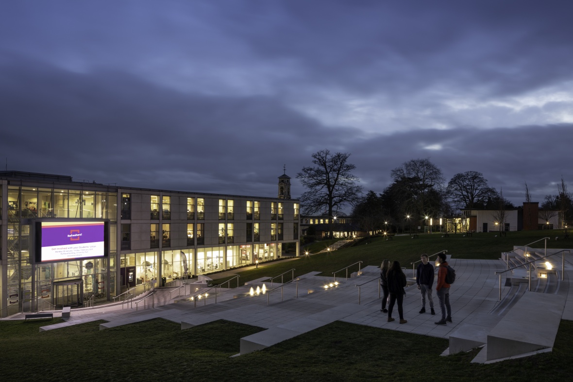 Portland building and terrace at night