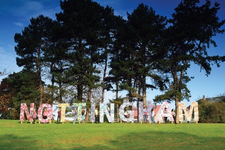 Multicoloured Nottingham sign in University Park gardens