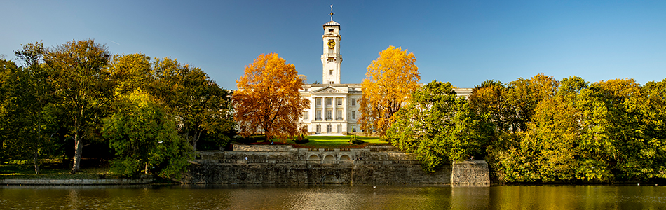 The Trent Building and Highfields Lake at University Park Campus