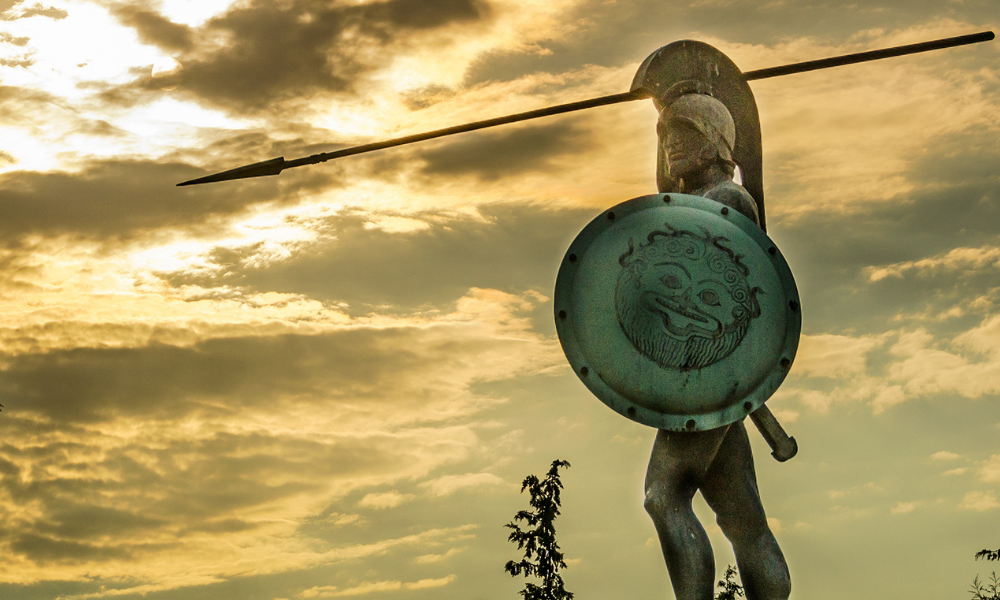 Leonidas statue, under a dramatic cloudscape at sunset, Thermopylae